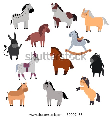 Smiling cartoon horses on white background and cartoon horse vector set