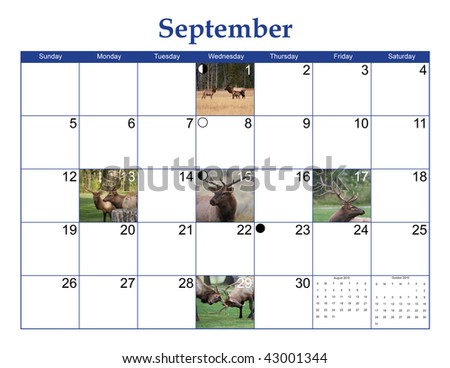 September 2010 Wildlife Calendar Page with Elk pictures, moon phases, and NO Holidays