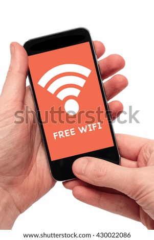Hand holding black smartphone with screen showing free wifi isolated on white background 