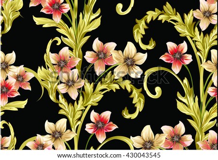 Pattern with narcissus flowers and gold baroque swirls on black 