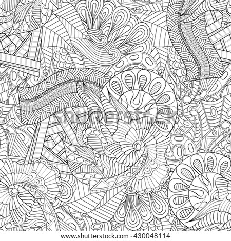 Tracery seamless calming pattern. Mehendi design. Ethnic monochrome binary harmonious doodle texture. Black and white. Indifferent discreet. Curved doodling mehndi motif. Vector.