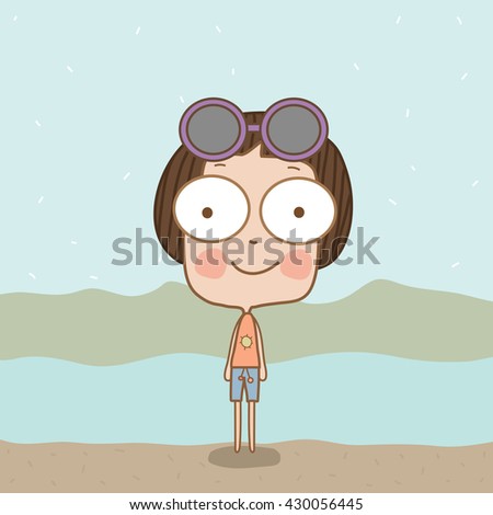 Illustration cute boy with summer clothes and sunglasses at the sea.