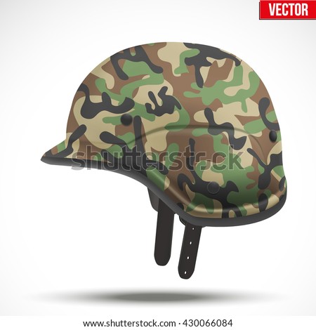 Military modern camouflage helmet. Side view. Army symbol of defense. Vector Illustration Isolated on white background.