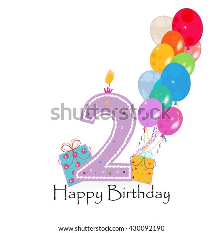 Happy second birthday candle vector with colorful confetti and balloons vector illustration