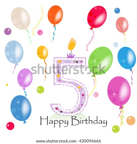 Happy fifth birthday candle vector with colorful confetti and balloons vector illustration