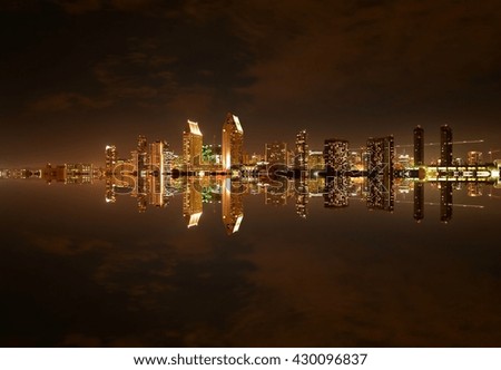 Nightscape with panoramic view of the San Diego Skyline in Southern California.