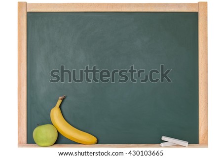 a banana and an apple in front of a blackboard