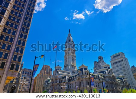 Philadelphia City Hall with William Penn statue atop the Tower. View from the road. Pennsylvania, USA. 