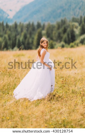 Bride posing on the golden autumn field with marvelous mountain landscape behind her