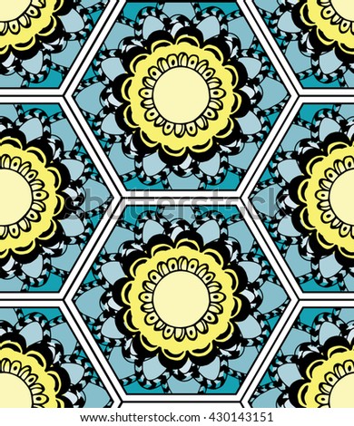 Teal and Yellow Floral Seamless Hexagon Pattern - Vector Illustration