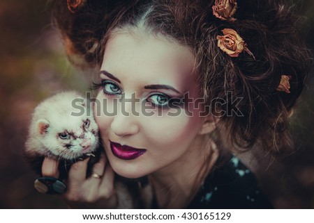 Portrait of a Girl doll and her little friend ferret