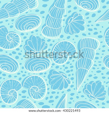 Seamless sea pattern with different shells. Vector illustration