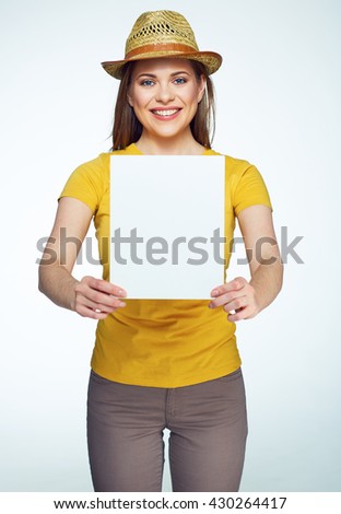 Smiling woman sign board holding. Girl showing banner with copy space.