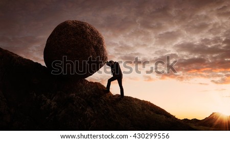 Business concept, Young businessman pushing large stone uphill with copy space Royalty-Free Stock Photo #430299556