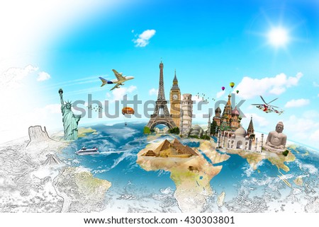 Famous landmarks of the world with hand-drawn effect 'elements of this image furnished by NASA'