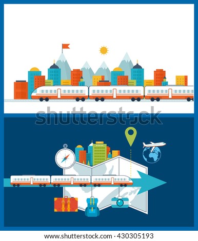 Train on railway. Train on the background of the city. Traveling on airplane, planning a summer vacation and tourism. Passenger transport concept. Urban landscape. Color line icons