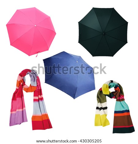 black, blue, pink umbrellas and scarves isolated on white background
multicolored striped multicolored scarf around his neck.