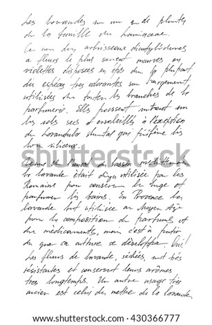 Undefined text with french words. Handwritten letter. Handwriting. Calligraphy. Manuscript. Script. Font. Abstract texture background Royalty-Free Stock Photo #430366777