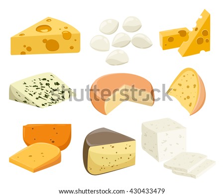 Pieces of Cheese isolated on white. Popular kind of cheese icons isolated. Cheese types. Modern flat style realistic vector illustration Royalty-Free Stock Photo #430433479