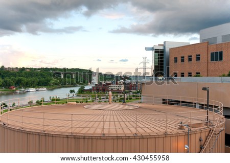 downtown saint paul overlooking mississippi river and city landmarks including storage tank for district energy system