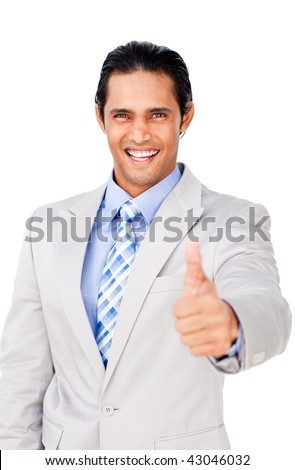 Young businessman with thumb up celebrating a victory isolated on a white background