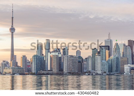 Downtown Toronto skyline with the  the Financial District skyscrapers at sunset.