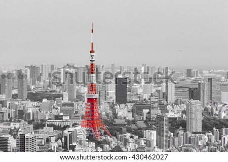 Black and White City Landscape ,Skyline with Red Tokyo Tower  / Representative of Japan / Downtown and Metropolitan Cityscape form Aerial View Point / Economy ,Financial and Business    