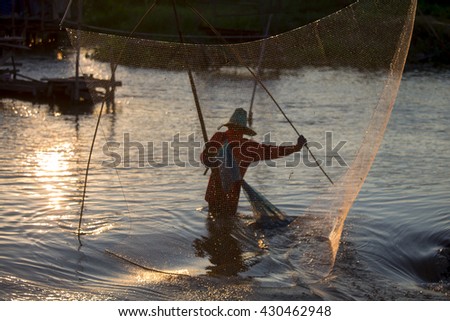 Fisherman's life at the lake sunset