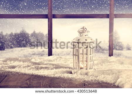 vintage photo of vintage white lamp and window sill and snow space 