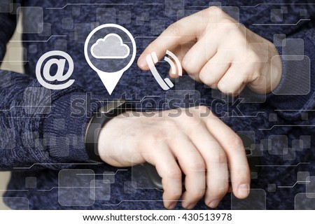 Businessman hand press online telephone cloud button sign