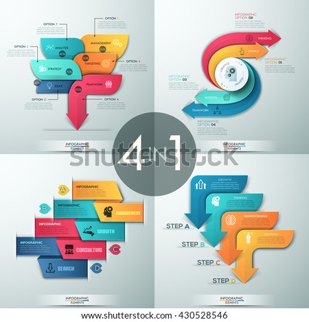 Set of 4 modern infographics options banner with arrows and icons. Vector. Can be used for web design and workflow layout