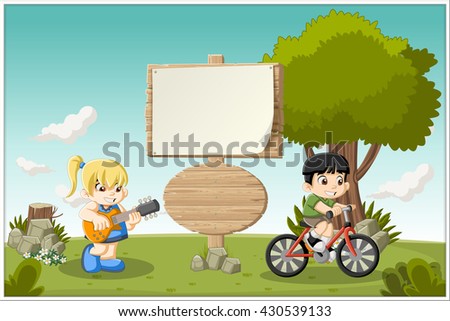 Wooden sign on colorful park with cartoon children playing.