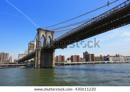 Brooklyn Bridge view and Manhattan with blue sky