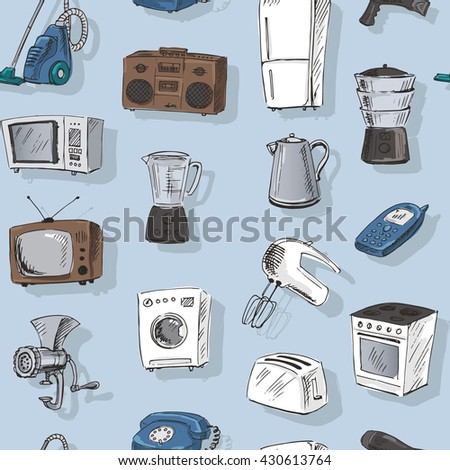 Seamless pattern with sketches of household appliances. Vector illustration.