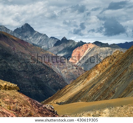Amazing geological formations near road from Leh to Lamayuru - Tibet, Kargil District, Leh district, Western Ladakh, Himalayas, Jammu and Kashmir, Northern India