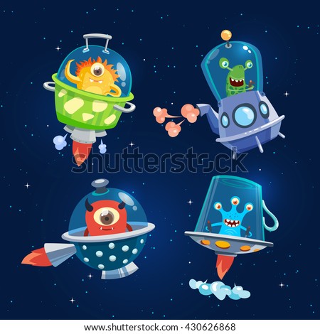 Set of space aliens, monsters. Dark background. Vector, illustration