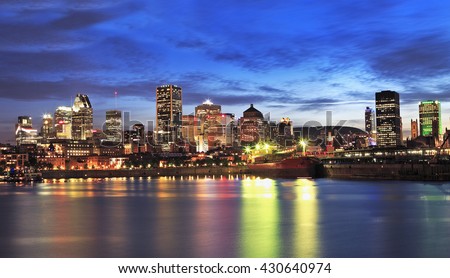 Montreal skyline and St Lawrence River at dusk, Canada