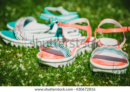 Women's sandals on a background of flowers, the Italian patent shoes