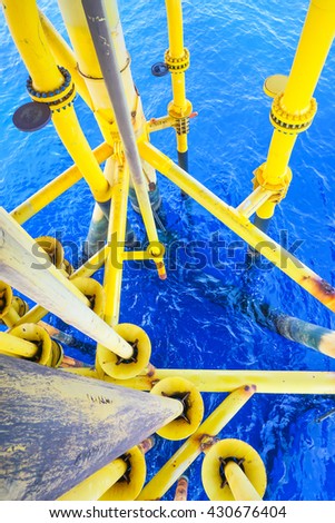 Aligned Oil and Gas Pipeline and Production slots on the sea background in Petroleum offshore wellhead remote platform, Energy and petroleum industry, Oil and gas or Petroleum is major of the world.