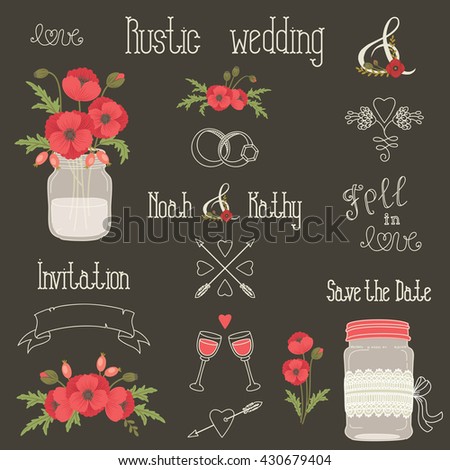 Rustic wedding design elements with poppy flowers. Vector set of vintage hand drawn clip art. Mason jars, flowers, lettering, banner, dividers, and more