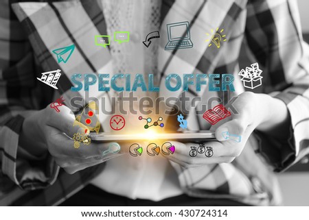 business holding a smart phone with SPECIAL OFFER text on black and white background ,business analysis and strategy as concept