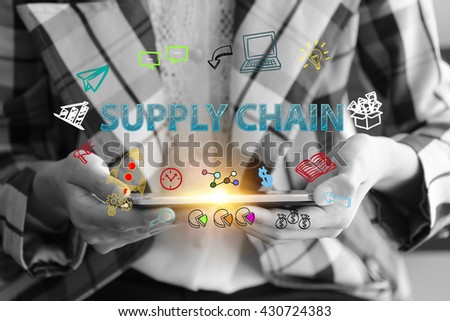 business holding a smart phone with SUPPLY CHAIN  text on black and white background ,business analysis and strategy as concept