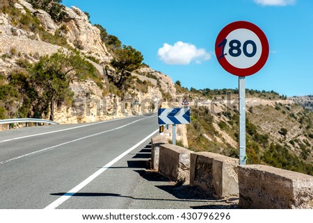 80 km/h speed limit sign on a mountain highway. Spain