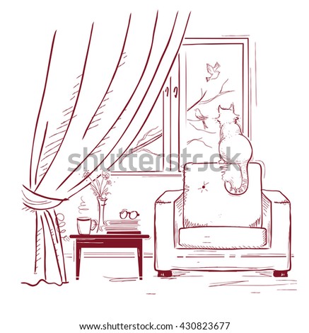 Cat watching birds near the window.Interior room with modern armchair.Vector sketchy illustration