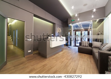 Modern interior design. Lobby at  dental clinic. Royalty-Free Stock Photo #430827292