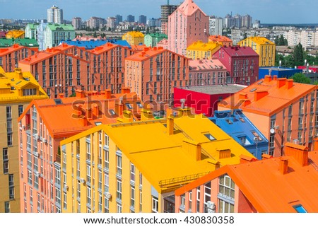 Panoramic aerial view of colored city street in Kyiv, Ukraine