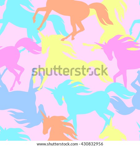 Realistic unicorn silhouette seamless pattern in pastel color. Vector