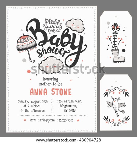 Baby Shower Invitation Template with hand lettering, cute clouds and umbrella Royalty-Free Stock Photo #430904728