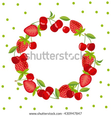 Cute vector card with strawberry and cherry wreath 
