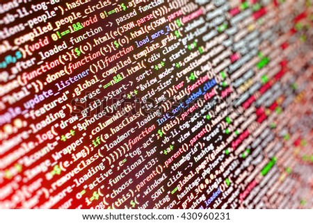 Programming code. Software source code.  Programmer occupation. Developer working on software codes in office. Website development. Monitor photo. Source code photo. Abstract screen of software. 
